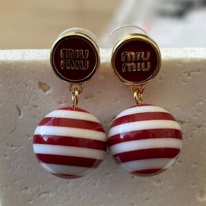 Miu Miu Red and White Striped Drop Logo Earrings